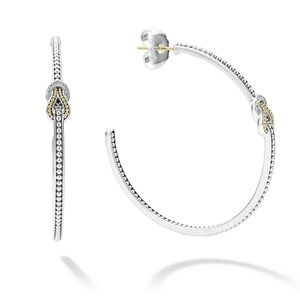 Lagos Newport Two Tone 18k Gold .925 Silver .06 Ct Diamond Caviar Hoops NWT $950
